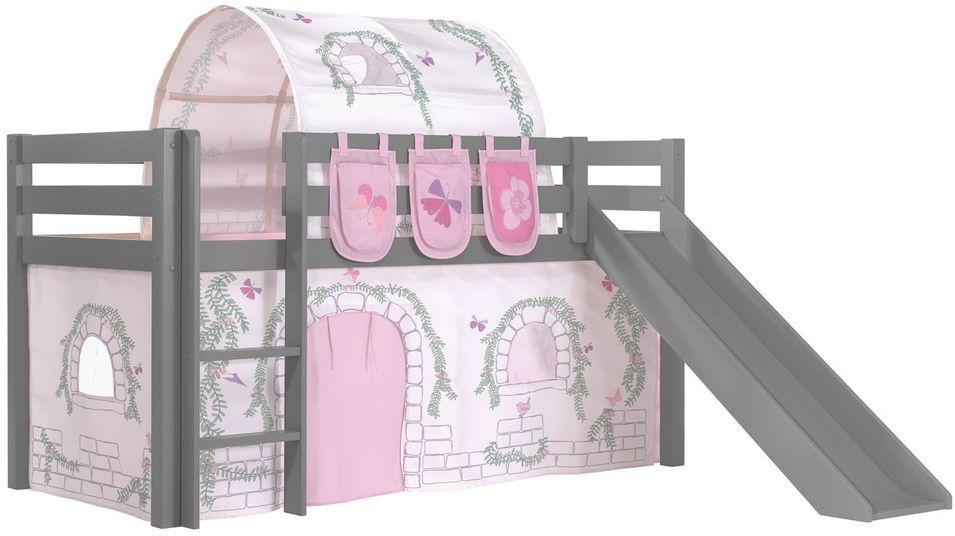 Lit toboggan 90x200 cm avec tente tunnel et 3 pochettes contra pin massif gris Pino - Photo n°1