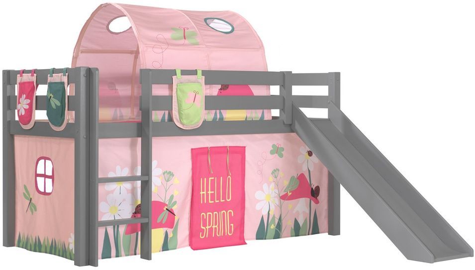 Lit toboggan 90x200 cm avec tente tunnel et 3 pochettes printemps pin massif gris Pino - Photo n°1