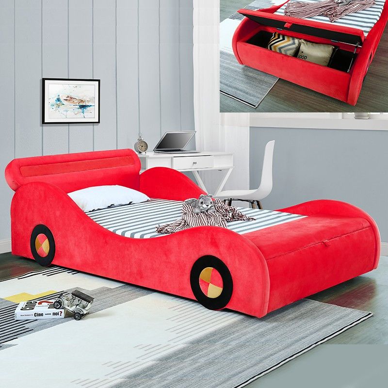 Lit voiture avec coffre tissu rouge Racer 90x190 cm - Photo n°1