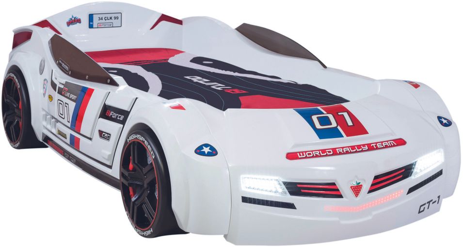 Lit voiture blanc avec phares bruitages et télécommande Karting 90x190 cm - Photo n°1