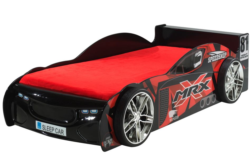 Lit voiture de course EXTREME 90x200 cm – Bois MDF noir – Sommier inclus - Photo n°1