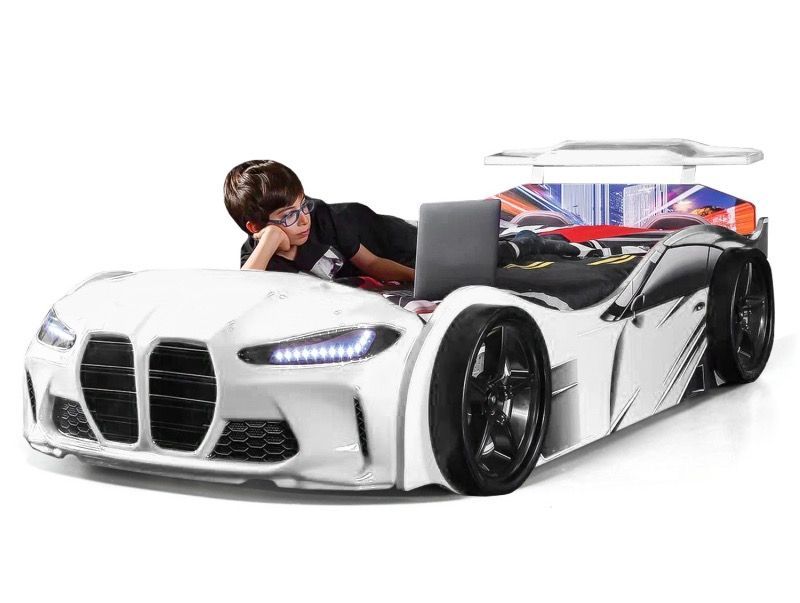 Lit voiture de course turbo V1 blanc 90x190 cm - Photo n°1