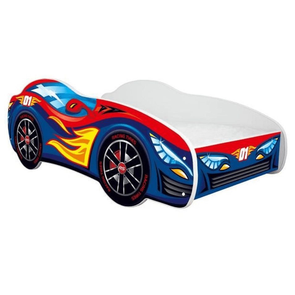 Lit voiture sport rouge et bleu 70x140 cm - Sommier et matelas inclus - Photo n°1
