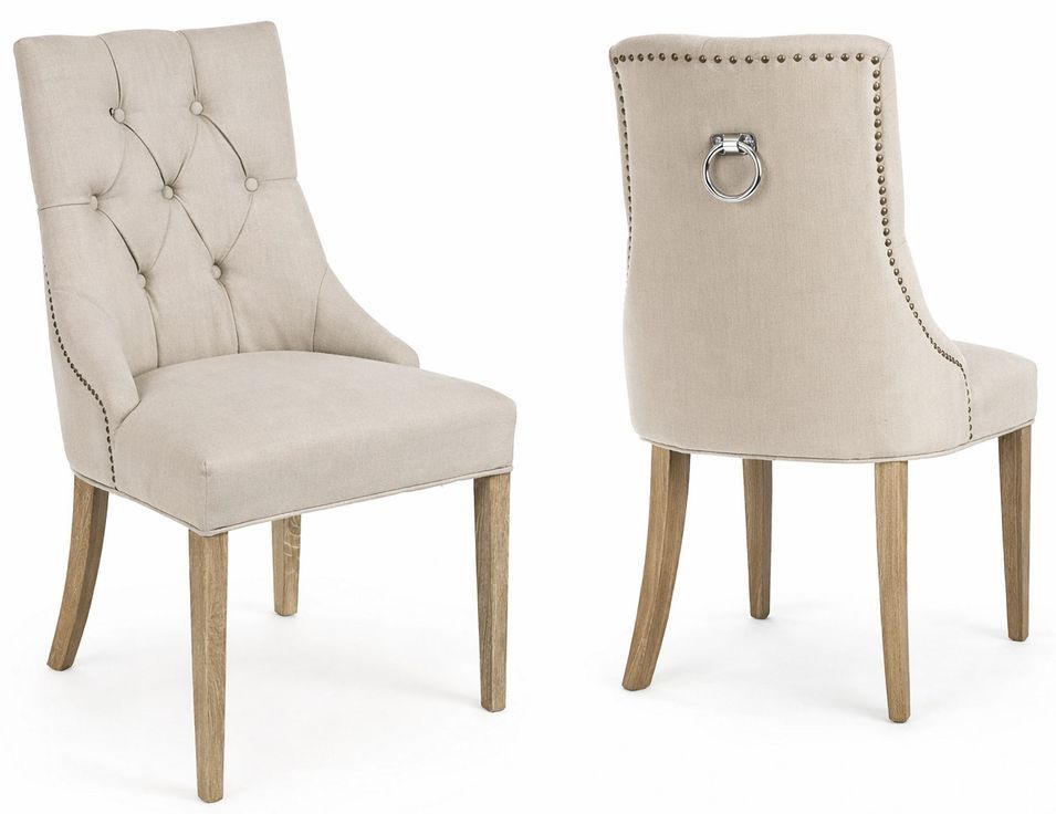 Lot de 2 chaises CALLY – Chêne beige & lin, dossier clouté avec poignée zinc - Photo n°1