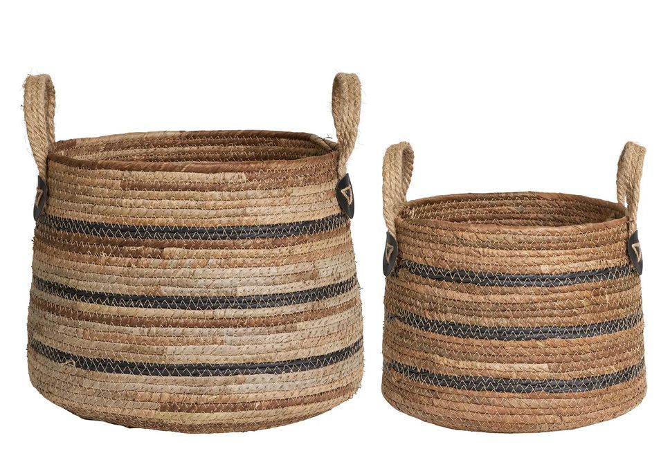 Lot de 2 paniers de rangement ERBA – Jute naturel avec rayures et poignées en cuir - Photo n°1
