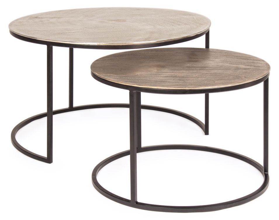 Lot de 2 tables basses rondes BRINA – Aluminium effet pierre & acier noir - Photo n°1