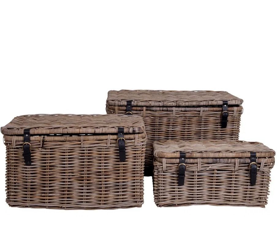 Lot de 3 malles de rangement DEPOK – Rotin gris avec poignées en cuir - Photo n°1