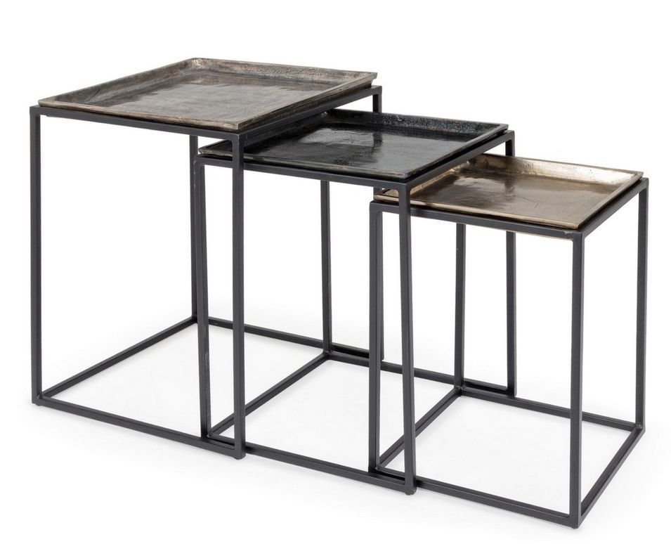 Lot de 3 tables basses carrées BRINA – Aluminium vieilli & acier noir - Photo n°1
