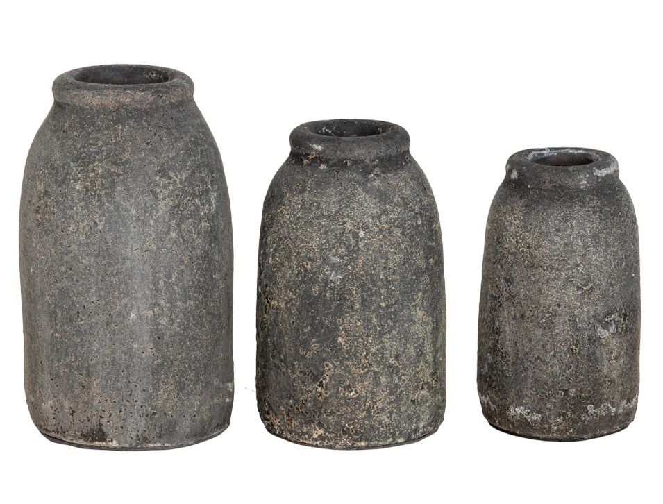 Lot de 3 vases décoratifs en terre cuite gris antique VELAS – Hauteur 17/20/22 cm - Photo n°1