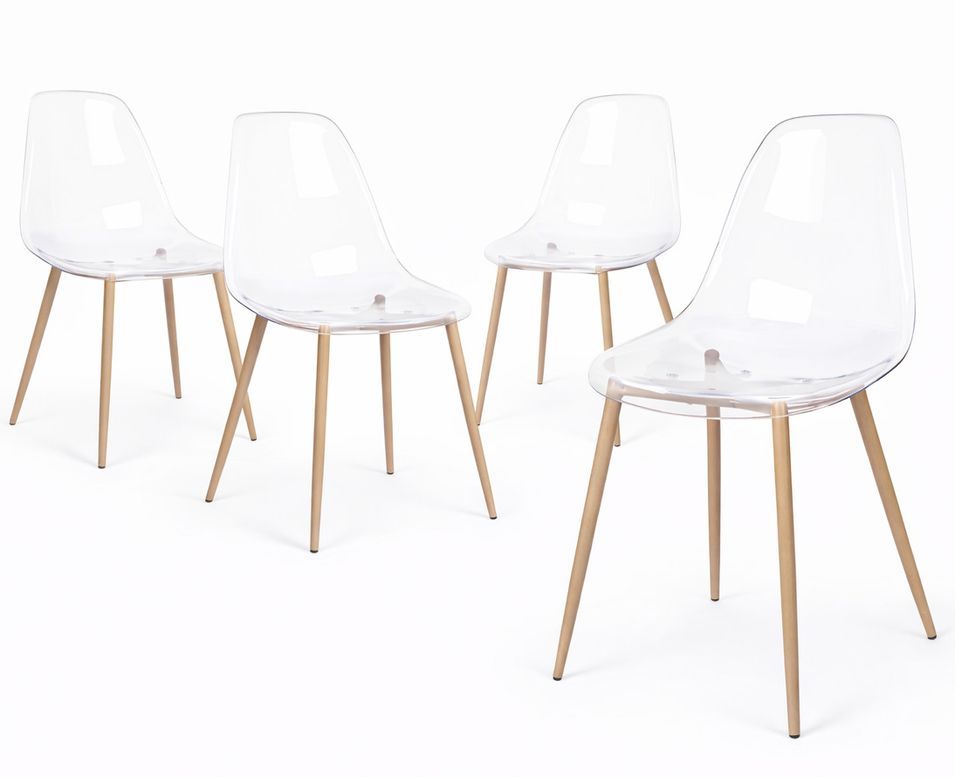 Lot de 4 chaises MANDY – Polycarbonate transparent & pieds métal effet bois naturel - Photo n°1