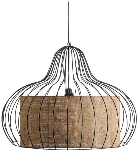 Lustre industriel métal noir et rotin Badre - Photo n°1
