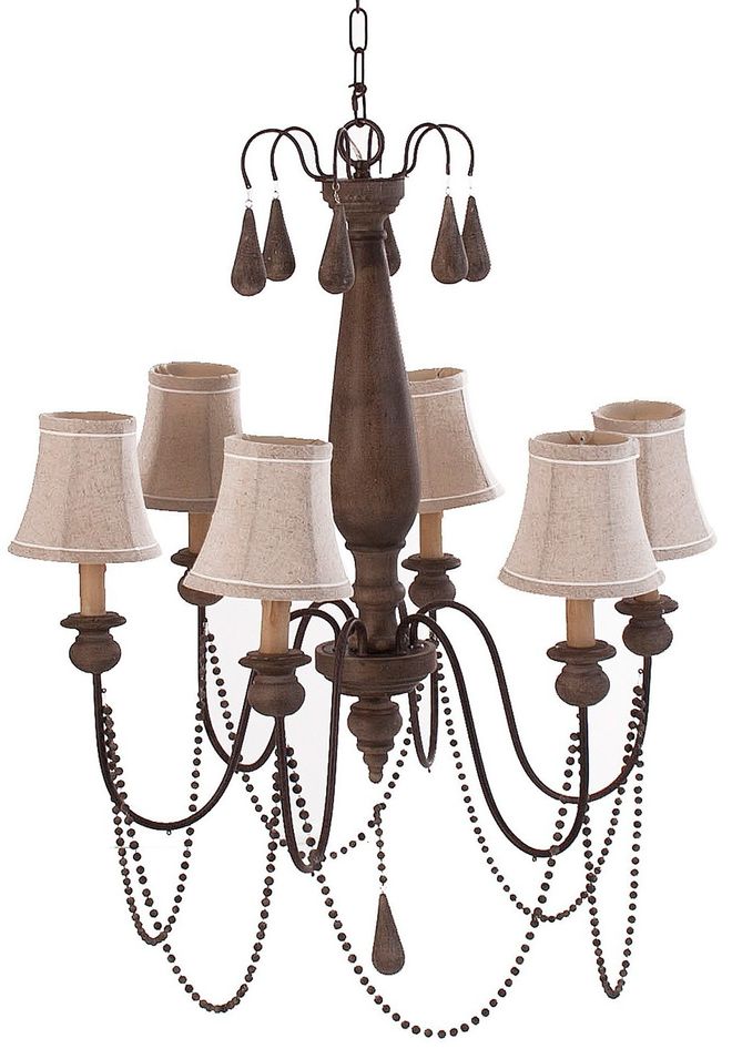 Lustre provençal bois massif foncé et abat-jour tissu beige Loig - Photo n°1