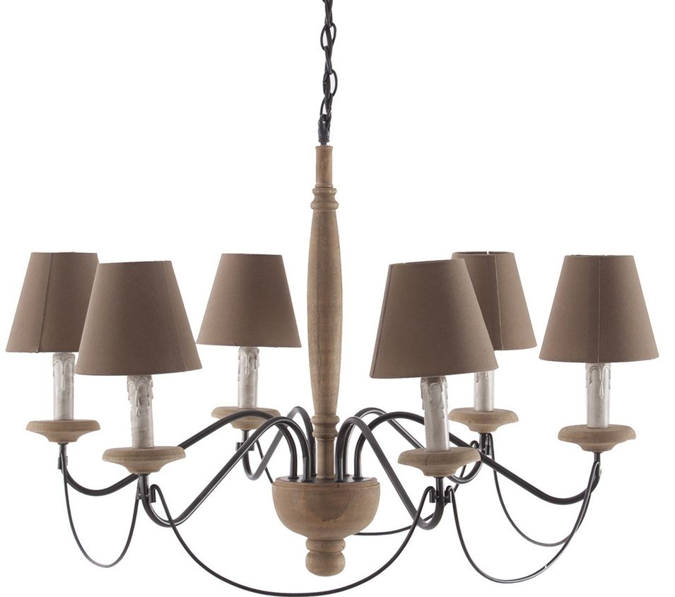 Lustre vintage paulownia massif clair et abat-jour tissu marron Ruef - Photo n°1