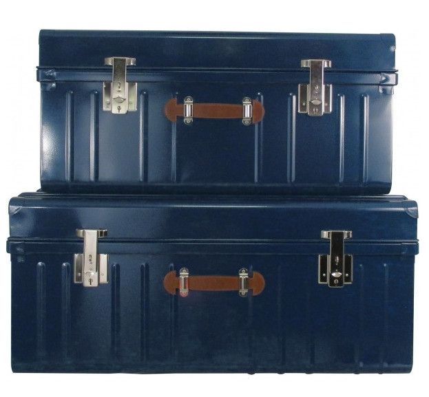 Malle métallique bleu avec poignée simili cuir - Lot de 2 - Photo n°1