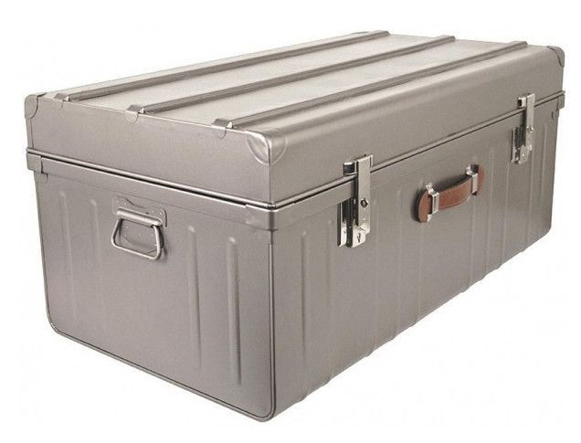 Malle métallique gris nacré avec poignée simili cuir L 90 x H 43 x P 50 cm - Photo n°1