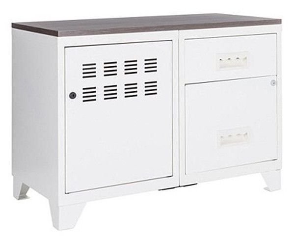 Meuble 1 porte 2 tiroirs métal blanc et plateau chêne naturel Naya L 80 x H 60 x P 40 cm - Photo n°1