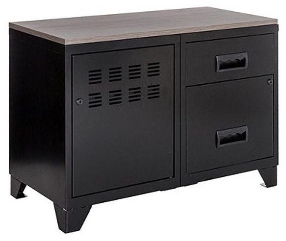 Meuble 1 porte 2 tiroirs métal noir et plateau chêne naturel Naya L 80 x H 60 x P 40 cm - Photo n°1