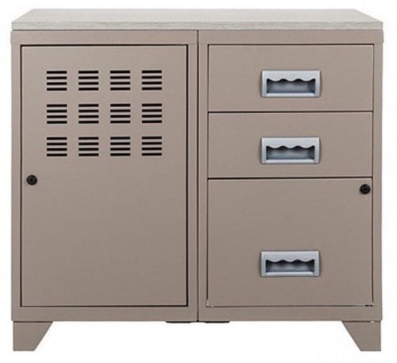 Meuble 1 porte 3 tiroirs métal taupe et plateau chêne naturel Naya L 80 x H 75 x P 40 cm - 25 kg - Photo n°1