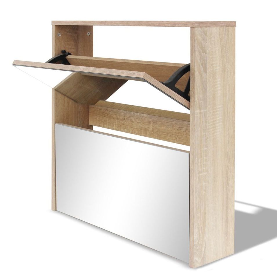 Meuble à chaussures 2 étages avec miroir 63 x 17 x 67 cm Chêne - Photo n°1