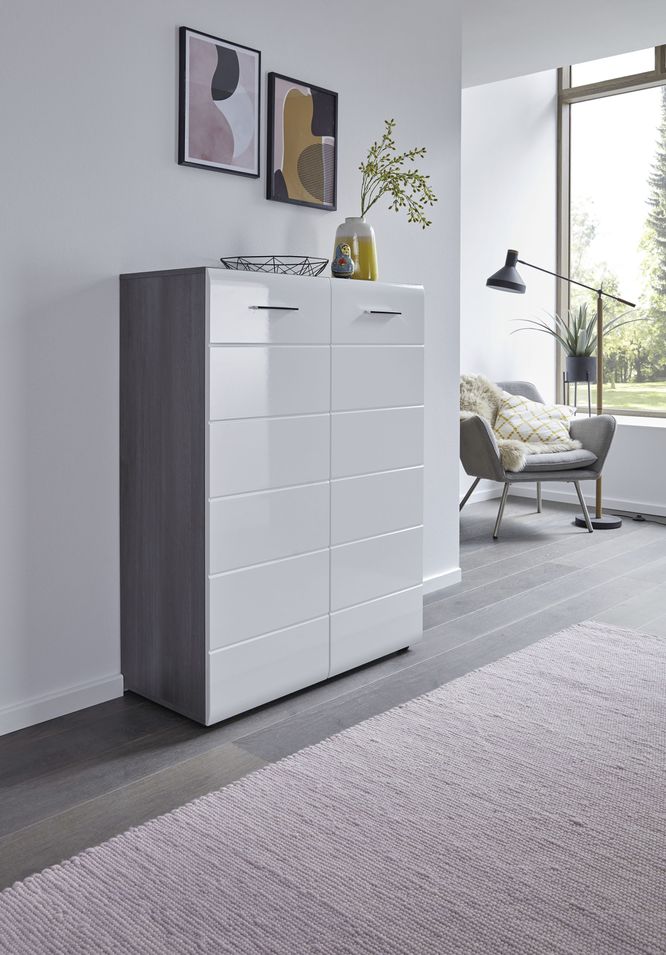 Meuble à chaussures 2 portes mélaminé blanc et gris Bezzi 90 cm - Photo n°1