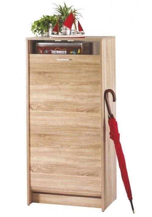 Meuble à chaussures chêne clair avec rideau RINO – Rangement 21 paires avec étagères inclinables - Photo n°1