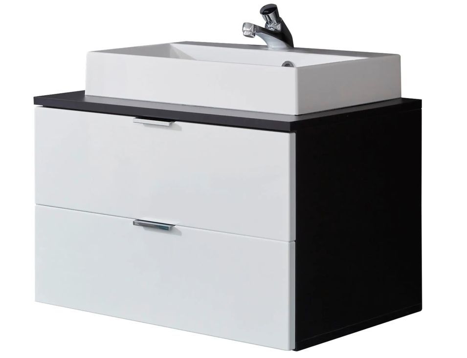 Meuble avec vasque 2 tiroirs mélaminé blanc et anthracite Bard - Photo n°1