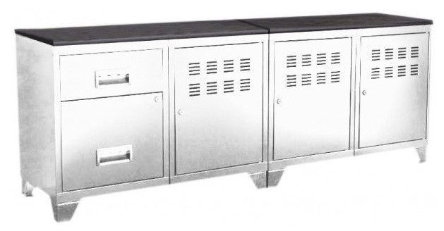 Meuble bas 3 portes 2 tiroirs métal blanc et plateau chêne naturel Naya L 160 cm - Photo n°1