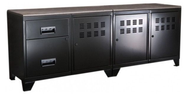 Meuble bas 3 portes 2 tiroirs métal noir et plateau chêne naturel Naya L 160 cm - Photo n°1