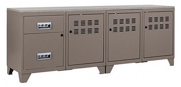 Meuble bas 3 portes 2 tiroirs métal taupe et plateau chêne naturel Naya L 160 cm - Photo n°1