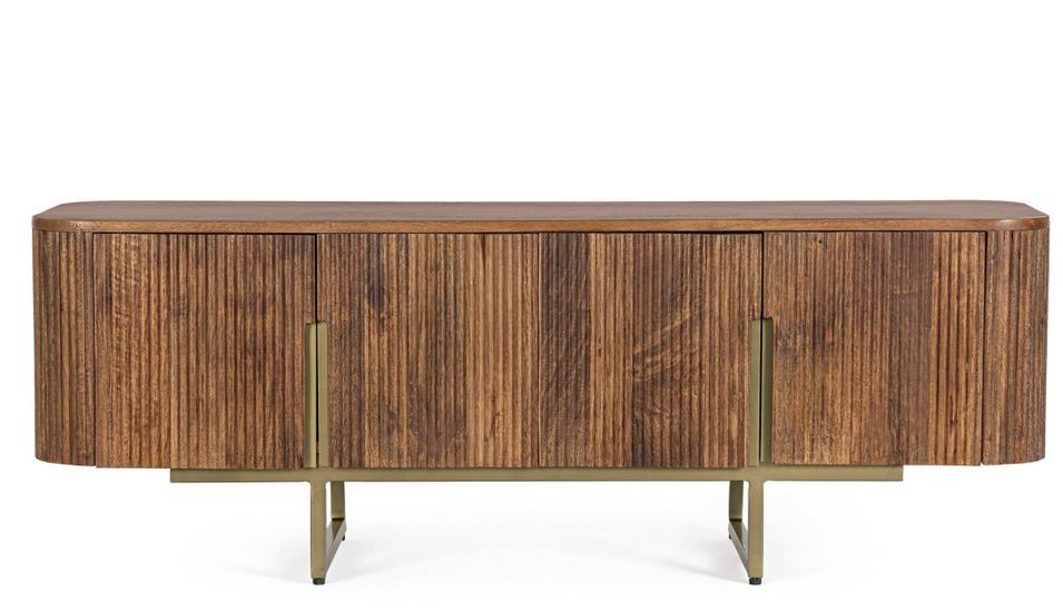 Meuble bas de rangement 4 portes VILAS 140 cm – Bois de manguier & pieds acier doré mat - Photo n°1