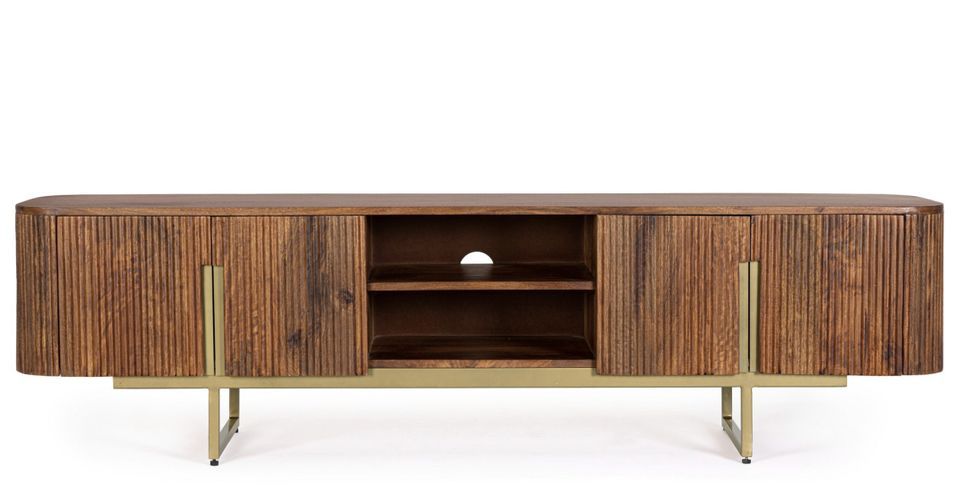 Meuble TV 4 portes 1 étagère VILAS 180 cm – Bois de manguier & pieds acier doré mat - Photo n°1