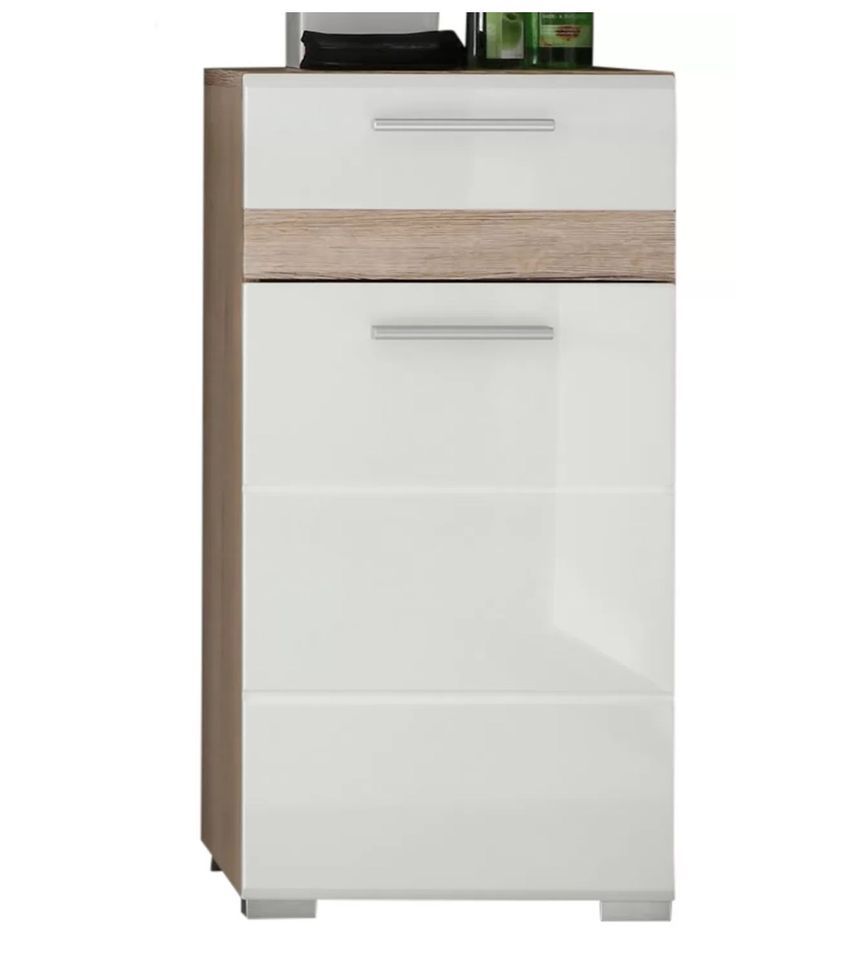 Meuble bas de salle de bain 1 porte 1 tiroir blanc brillant et chêne clair Varok 37 cm - Photo n°1