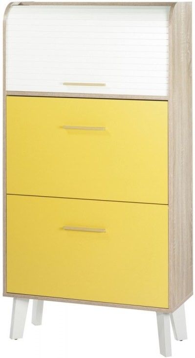 Meuble chaussure à rideau blanc 2 abattants jaune et pieds blanc 18 paires Hippie - Photo n°1