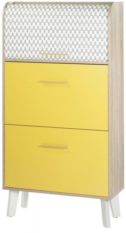 Meuble chaussure à rideau blanc imprimé 2 abattants jaune et pieds blanc 18 paires Hippie - Photo n°1