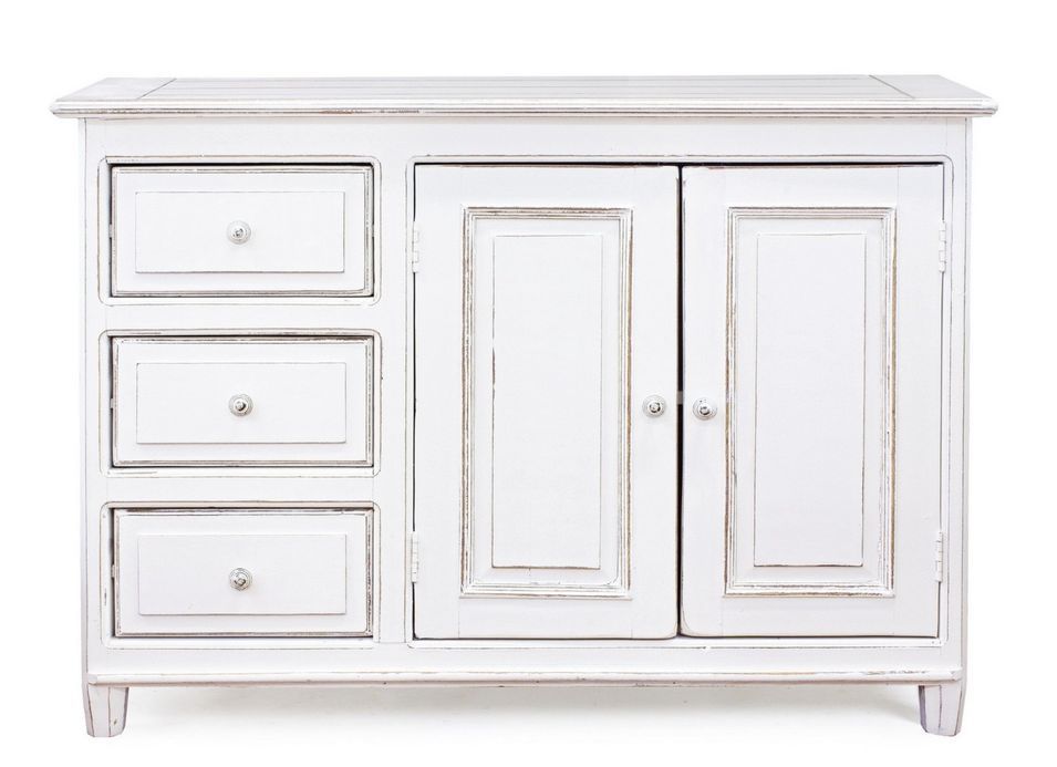 Meuble de rangement 2 portes 3 tiroirs KOLITA - Bois massif blanc patiné - Photo n°1