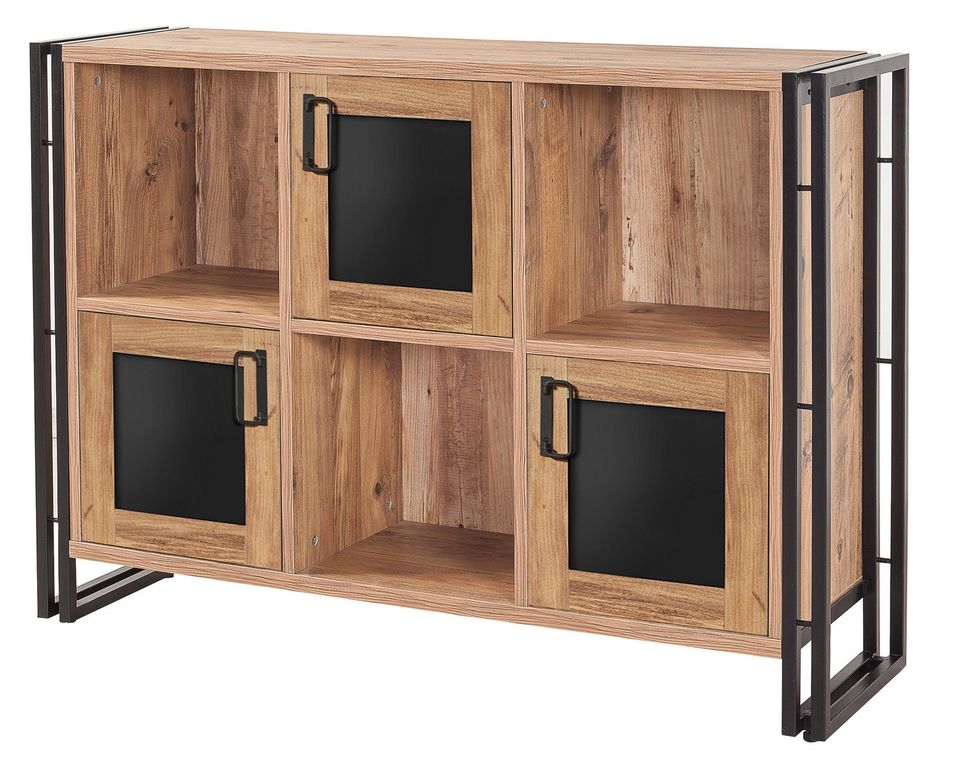 Meuble de rangement 3 portes et 3 niches bois naturel et acier noir Lika 126 cm - Photo n°1