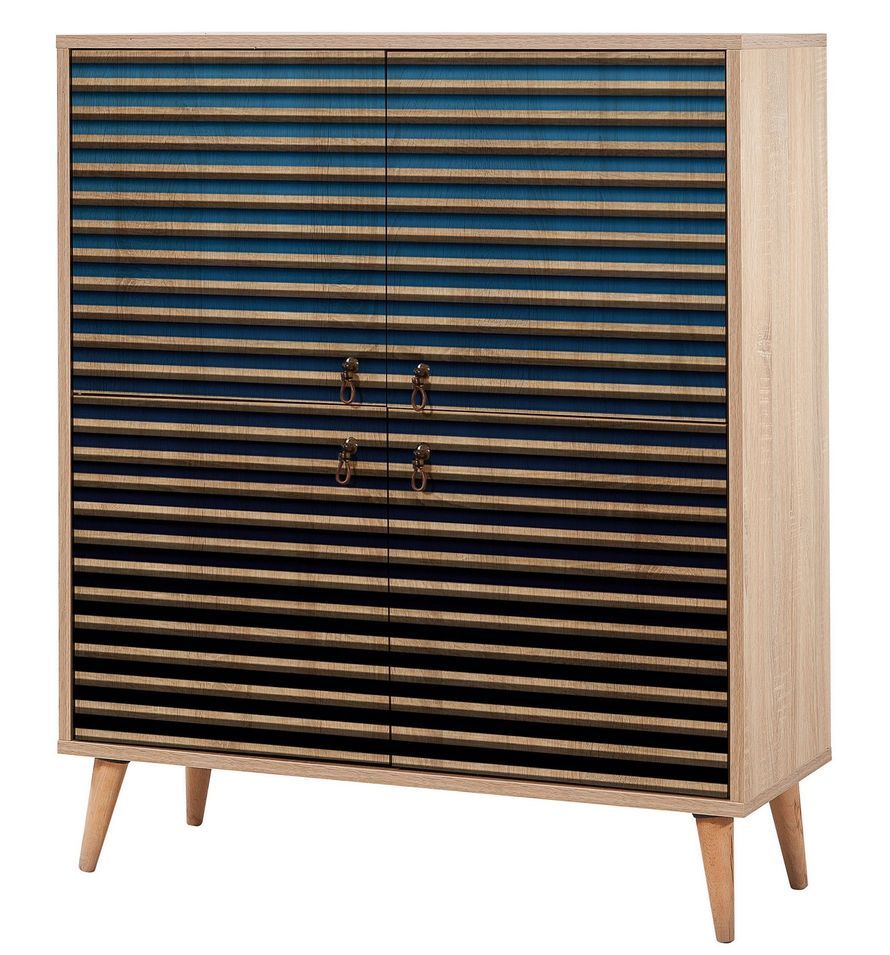 Meuble de rangement 4 portes en bois clair et dégradé bleu Kiza 222 - Photo n°1