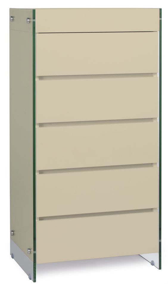 Meuble de rangement 5 tiroirs bois laqué créme et pieds verre trempé Dyn - Photo n°1