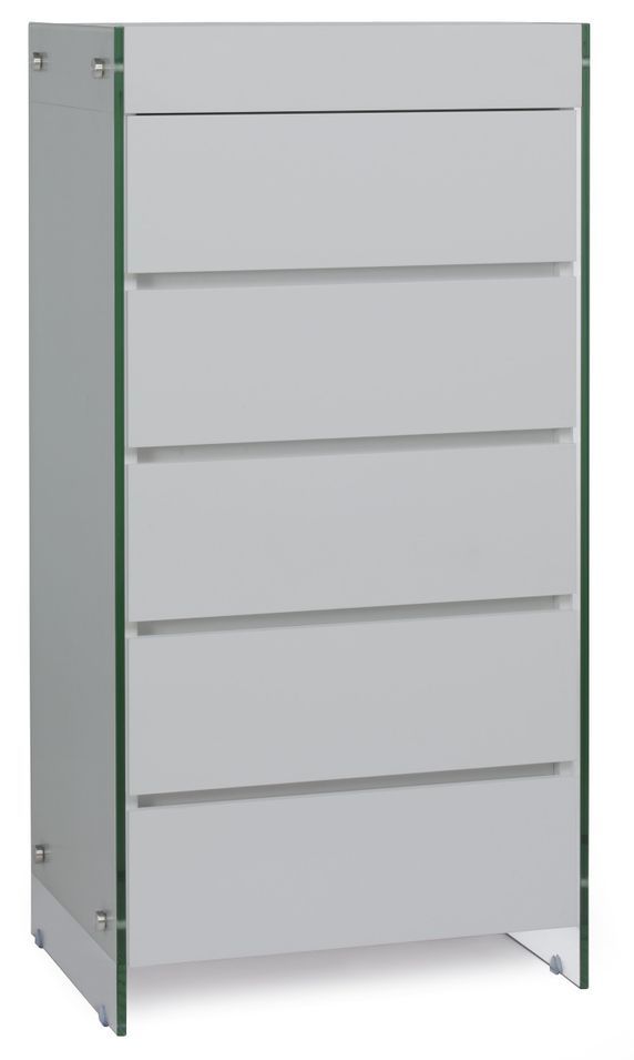 Meuble de rangement 5 tiroirs bois laqué gris et pieds verre trempé Dyn - Photo n°1