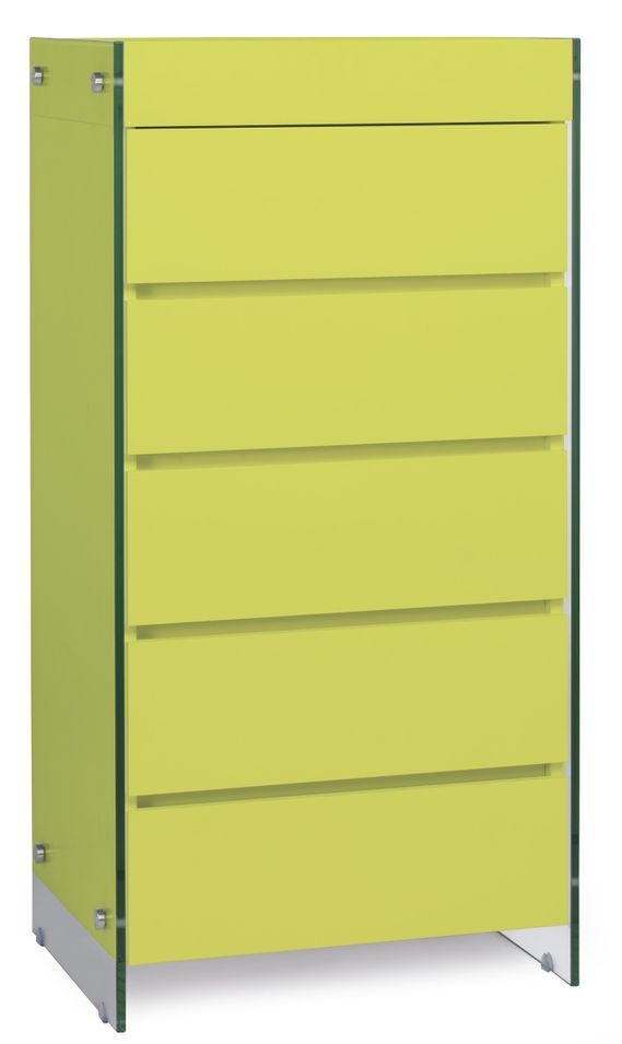 Meuble de rangement 5 tiroirs bois laqué jaune et pieds verre trempé Dyn - Photo n°1