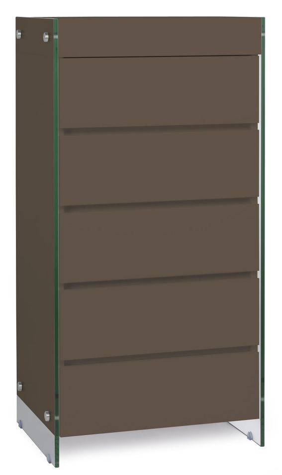 Meuble de rangement 5 tiroirs bois laqué marron et pieds verre trempé Dyn - Photo n°1