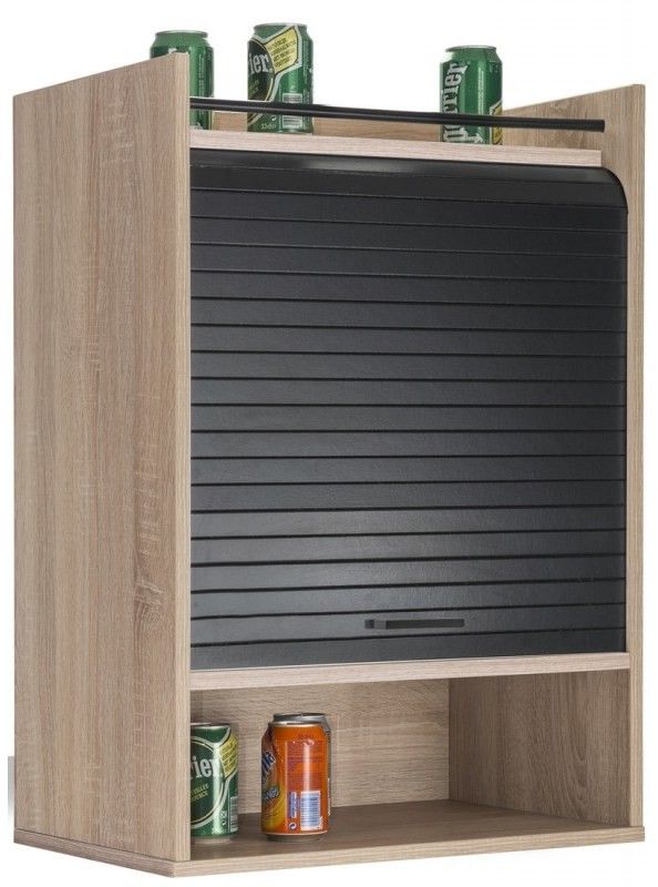 Meuble de rangement haut à rideau 3 niches chêne naturel et noir Lohan 54 cm - Photo n°1