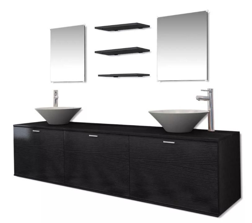 Meuble de salle de bain 16 pièces bois laqué noir Val - Photo n°1