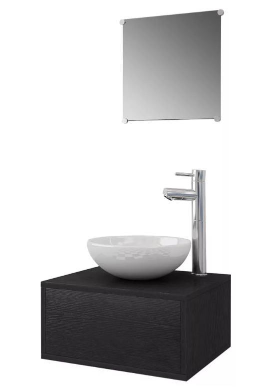 Meuble de salle de bain 7 pièces bois laqué noir Val - Photo n°1