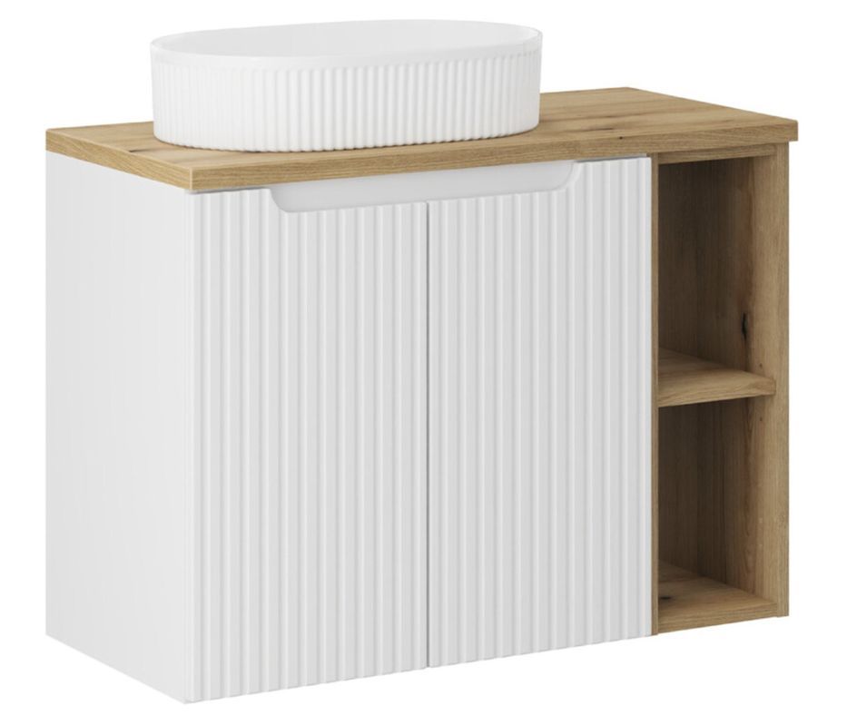 Meuble de salle de bain suspendu 2 portes avec étageres et vasque blanche ovale à poser NOVA 80 cm - Photo n°1
