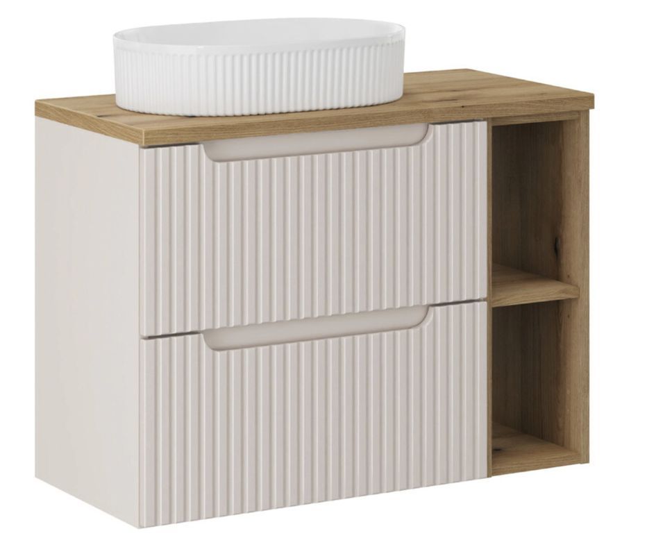 Meuble de salle de bain suspendu 2 portes avec étageres et vasque blanche ovale à poser NOVA 80 cm - Photo n°1
