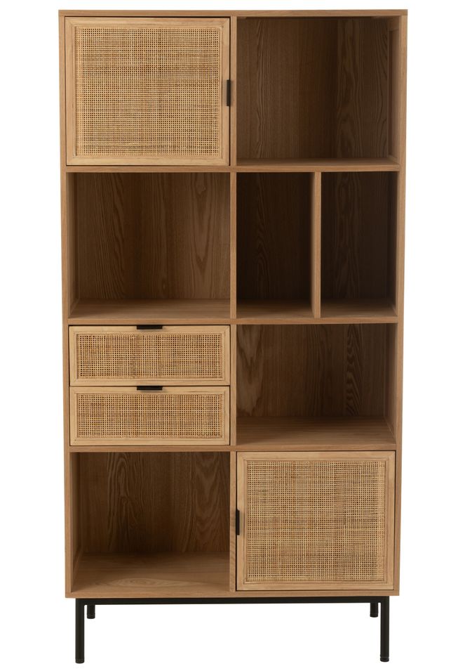 Meuble étagère KLAKO 2 portes, 2 tiroirs & étagères ouvertes – Bois naturel & cannage - Photo n°1
