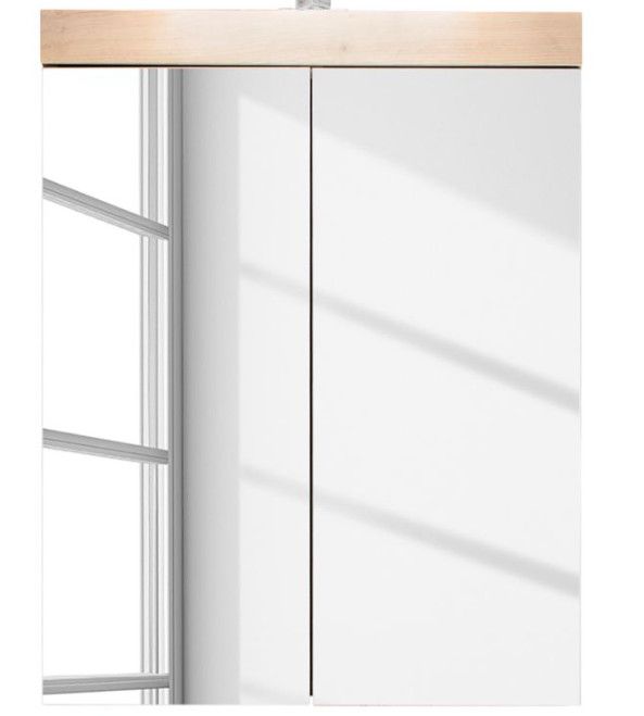 Meuble haut 2 portes blanc brillant et chêne clair avec miroir Kelia - Photo n°1