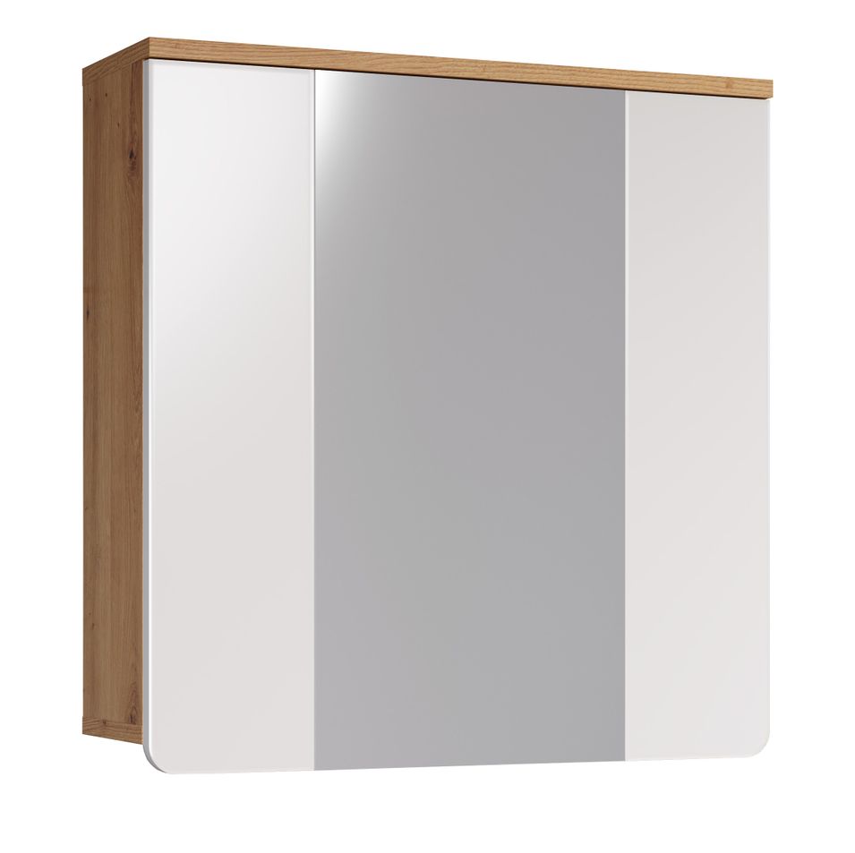 Meuble haut avec miroir blanc brillant et chêne artisanal Klara 60 cm - Photo n°1