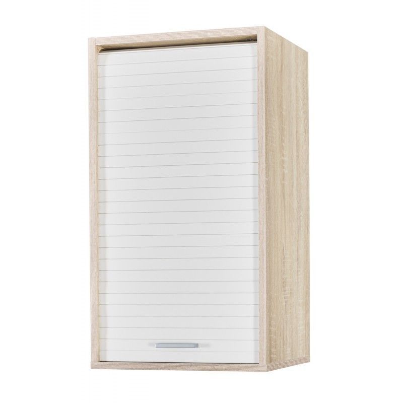 Meuble mural cuisine chêne clair KUMA 40 cm – Élément haut avec rideau et étagères modulables - Photo n°1
